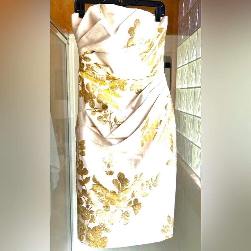 MAGGY LONDON Gold Brocade and Ivory Strapless Dress 8